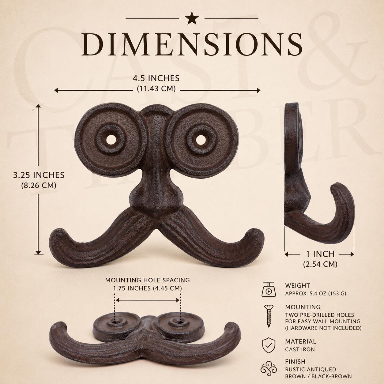 Cast Iron Mustache Double Wall Hook