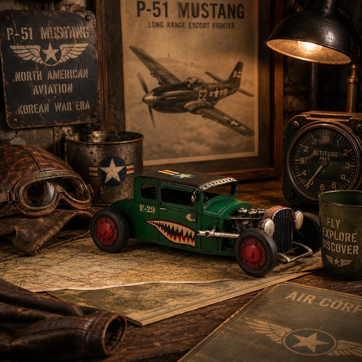 Distressed Green Tin Hot Rod Sculpture
