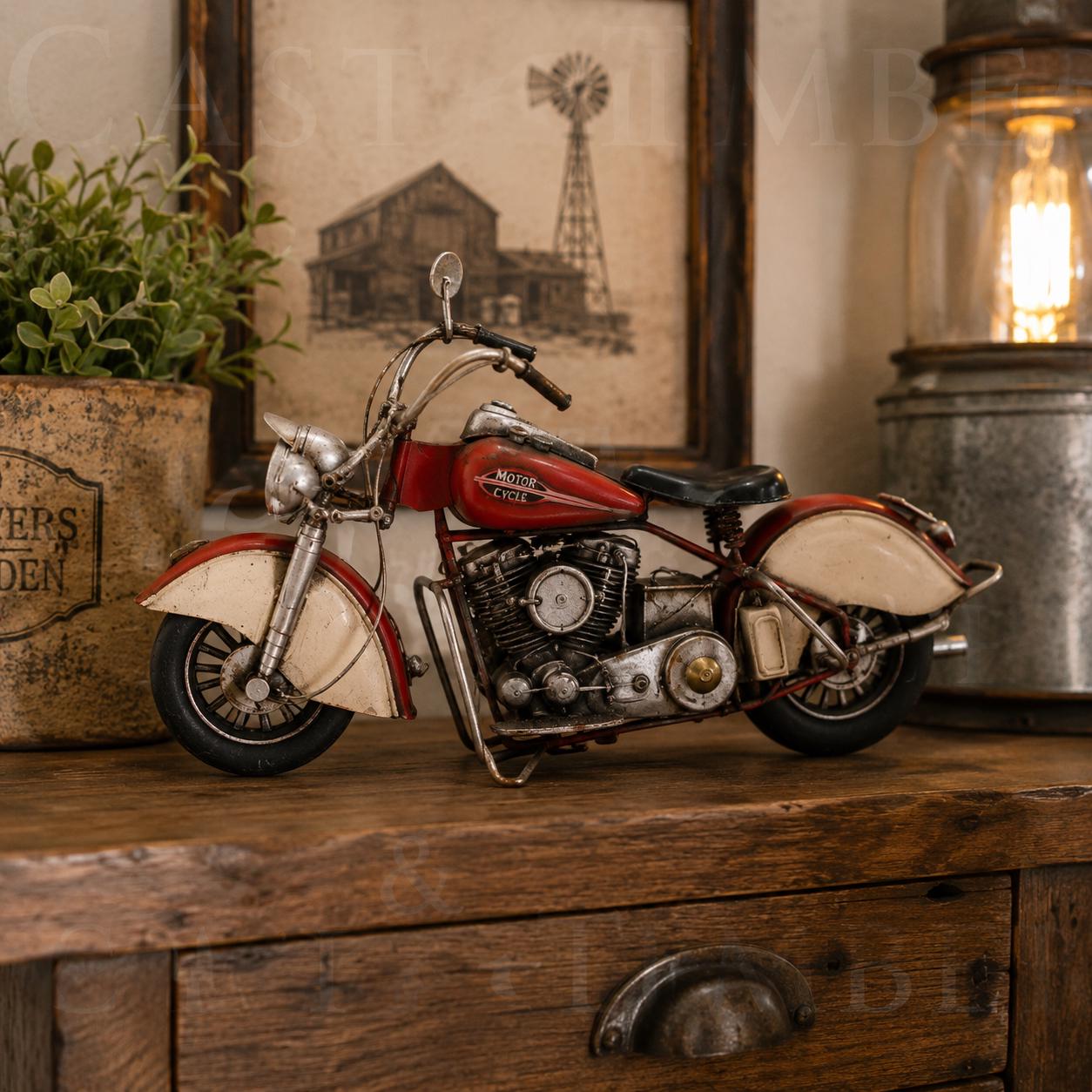 Distressed Red Tin Motorcycle Sculpture