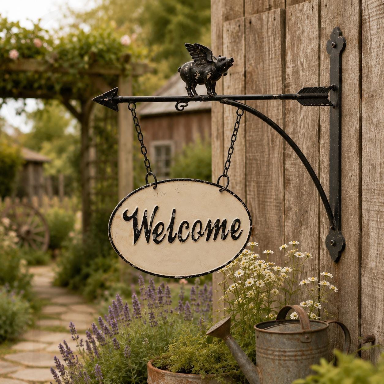 Flying Pig Double-Sided Welcome Sign