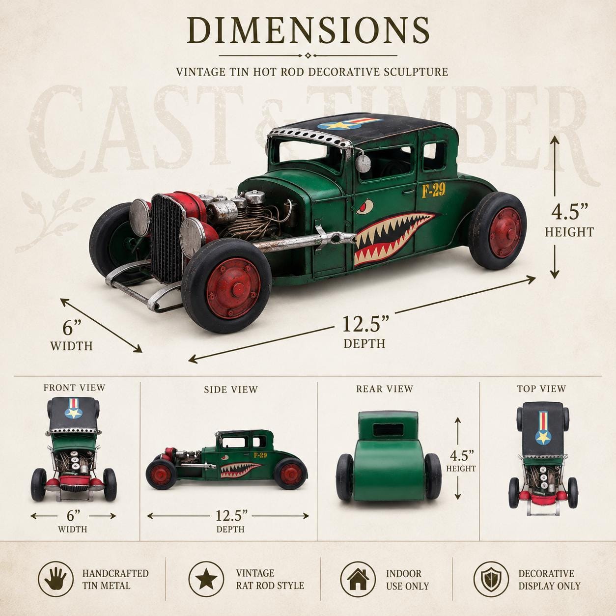 Distressed Green Tin Hot Rod Sculpture