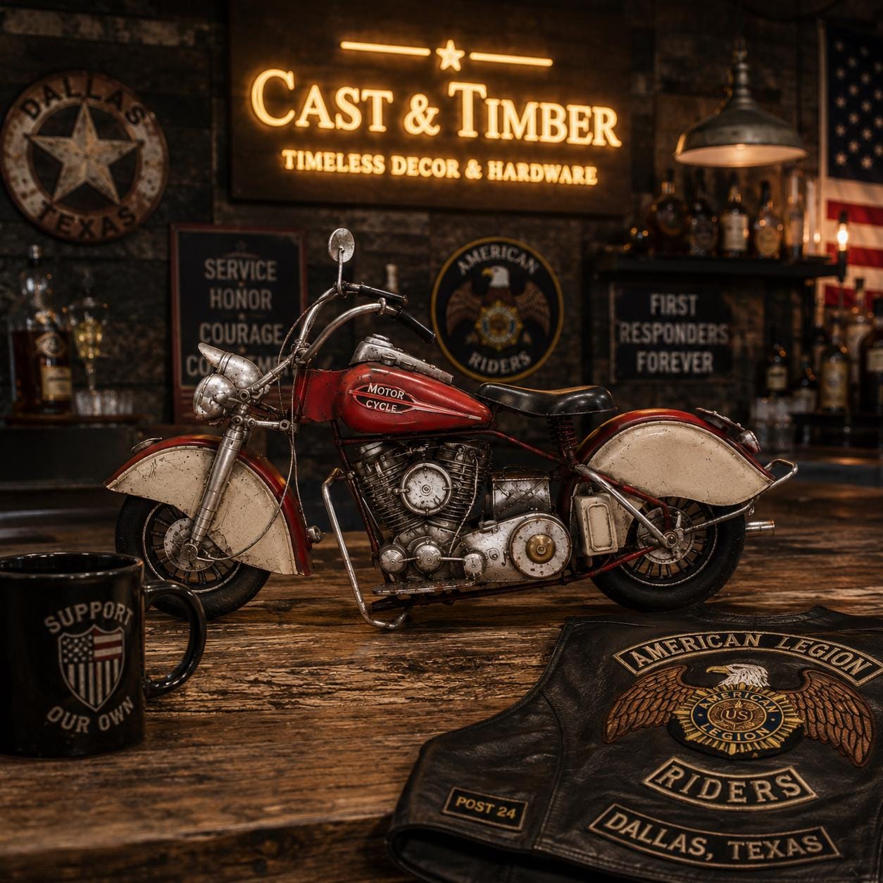 Distressed Red Tin Motorcycle Sculpture