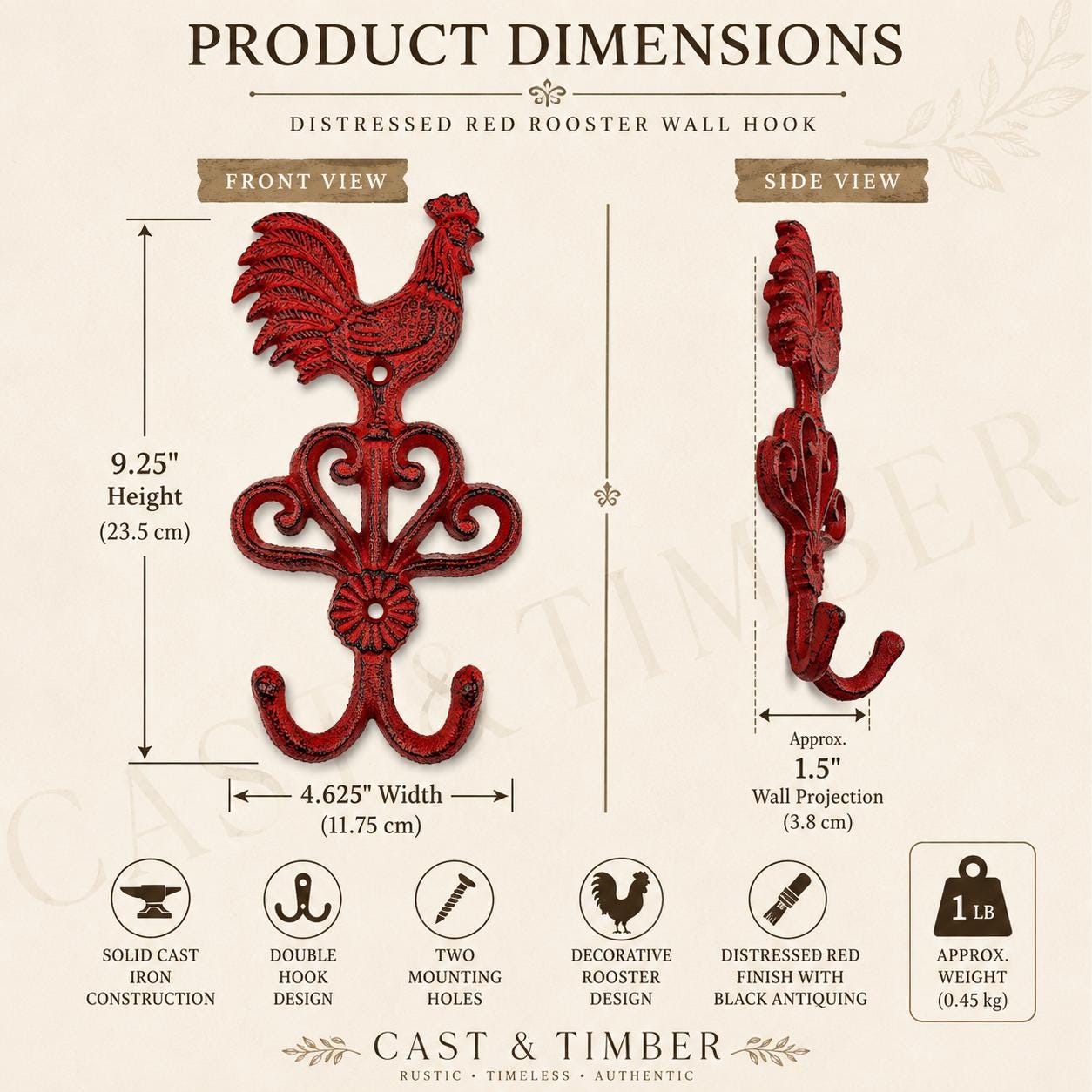Cast Iron Rooster Double Wall Hook