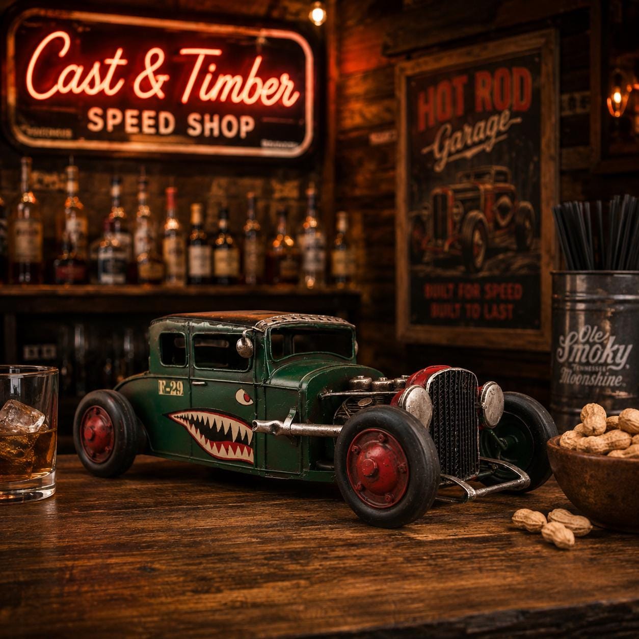 Distressed Green Tin Hot Rod Sculpture