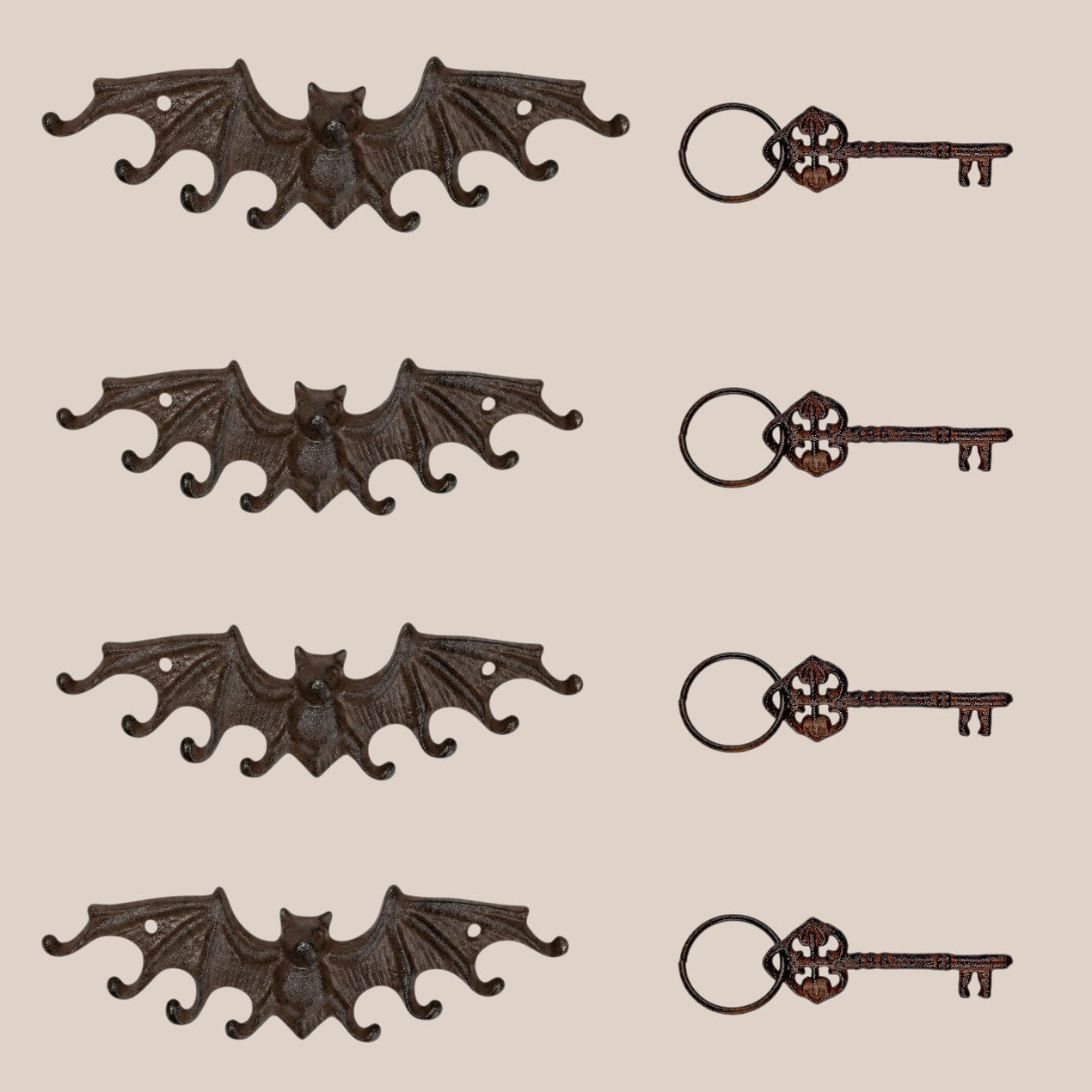 Gothic Cast Iron Bat Key Holder Rack with 8 Hooks