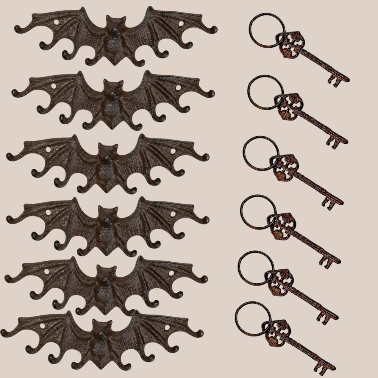 Gothic Cast Iron Bat Key Holder Rack with 8 Hooks
