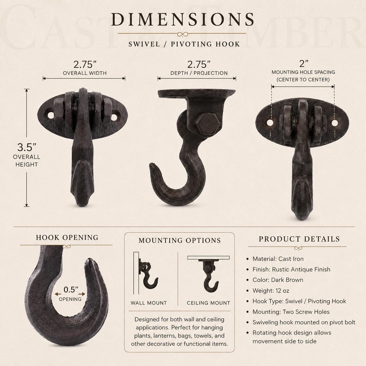 Cast Iron Swivel Wall Hook