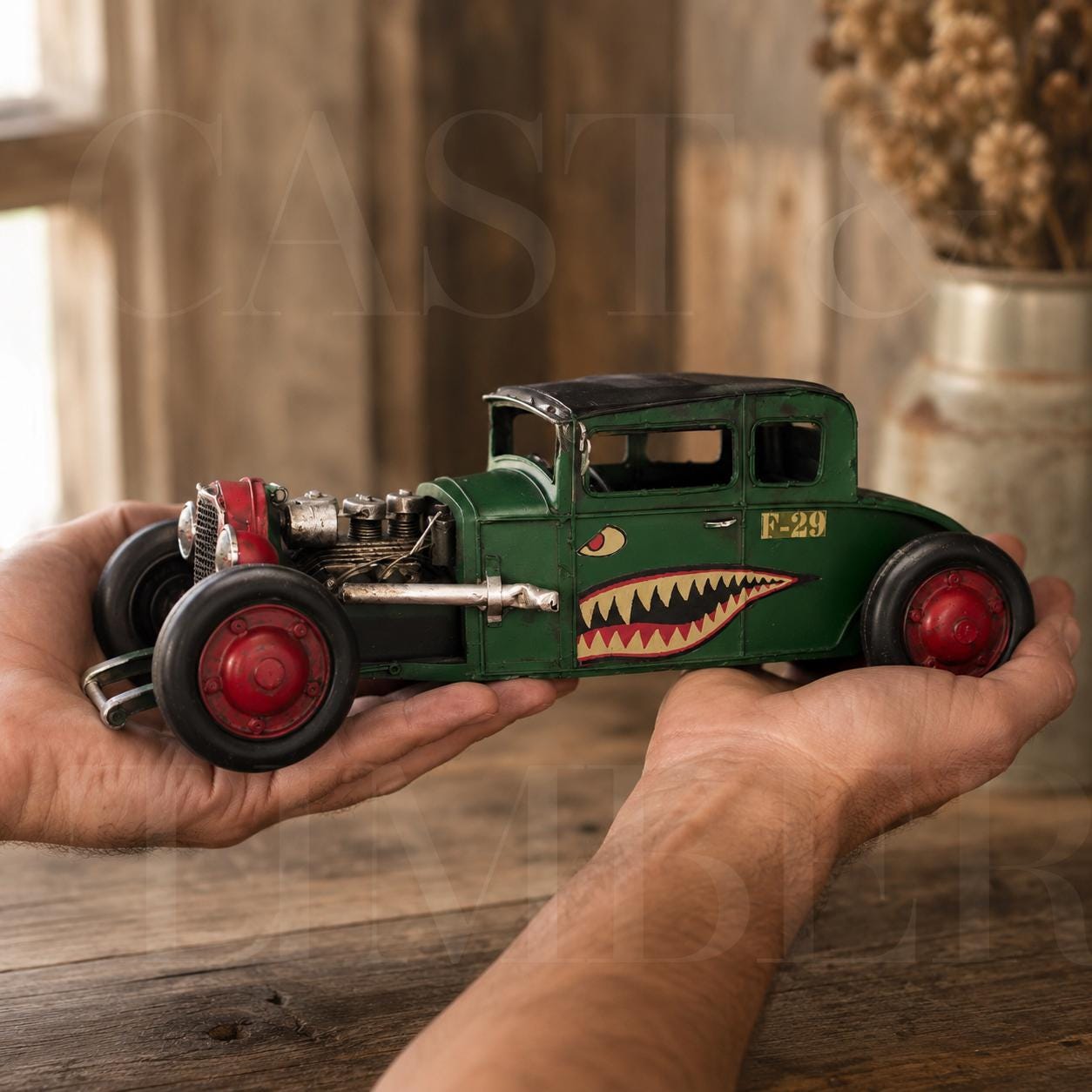 Distressed Green Tin Hot Rod Sculpture