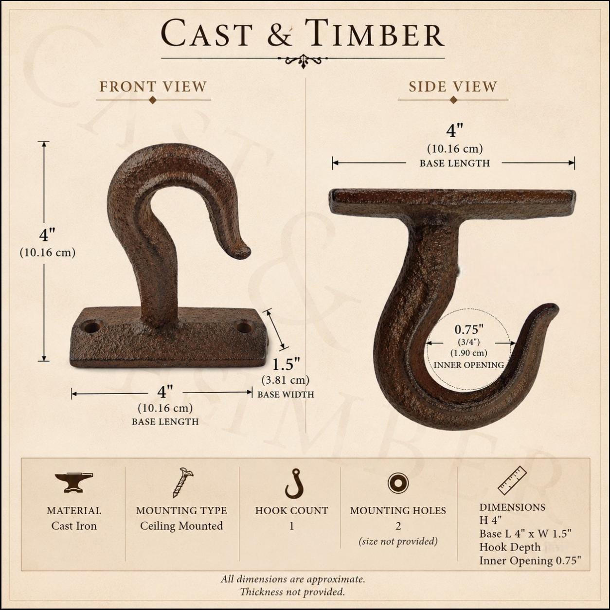 Rustic Cast Iron Ceiling Hook