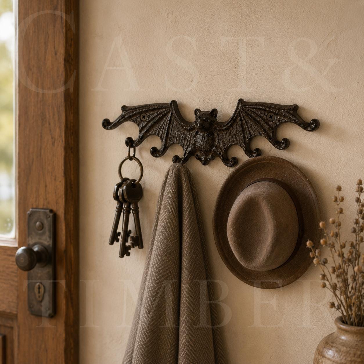 Gothic Cast Iron Bat Key Holder Rack with 8 Hooks