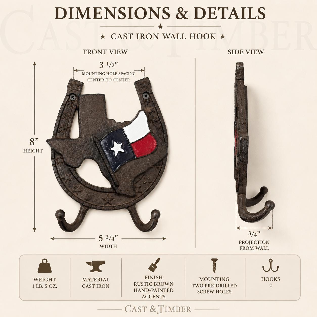 Texas Flag Horseshoe Cast Iron Wall Hook