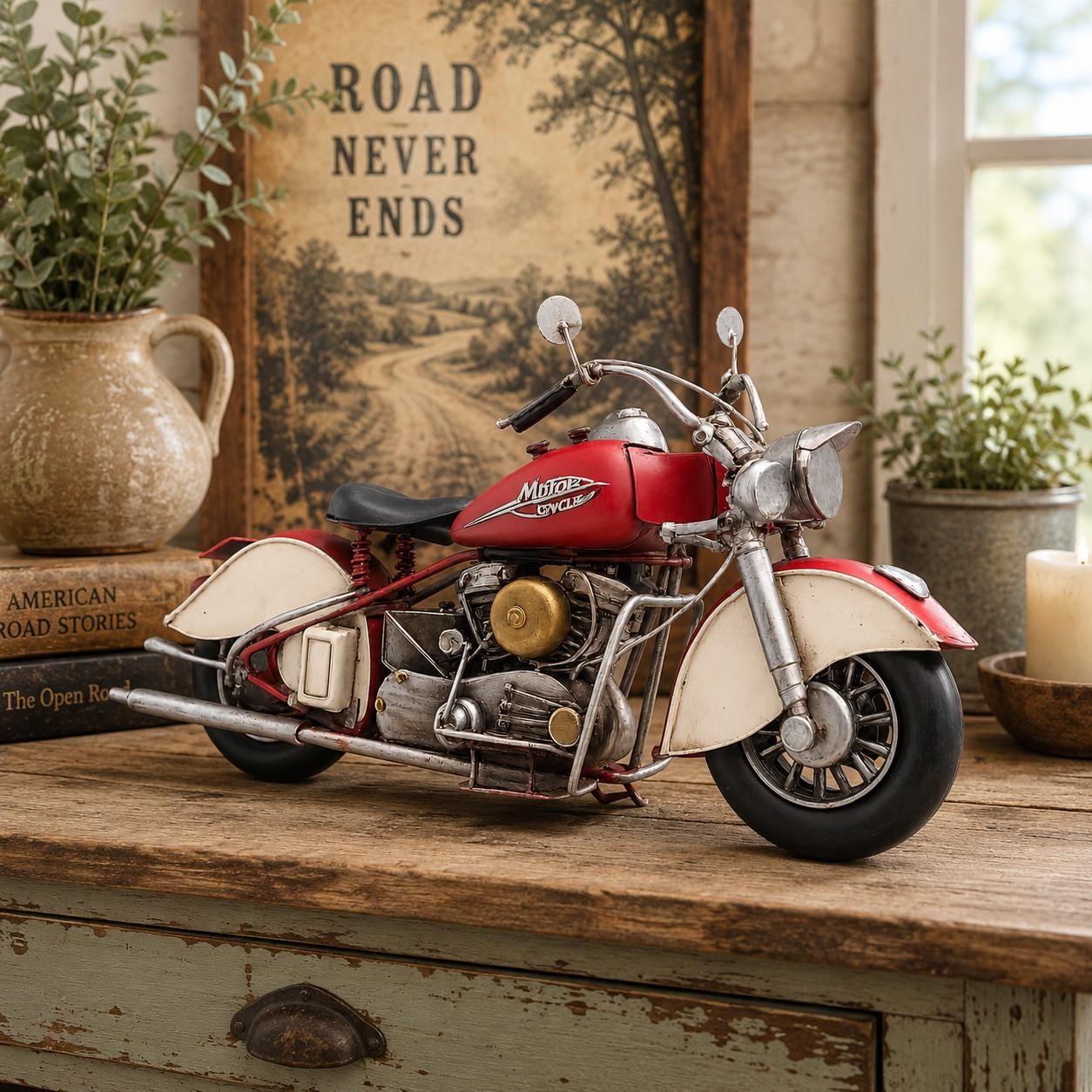 Distressed Red Tin Motorcycle Sculpture