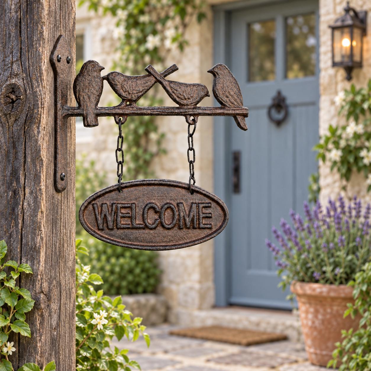 Cast Iron Bird Welcome Goodbye Sign