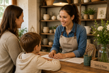 Cast & Timber team member helping a mother and child at a warm workshop counter