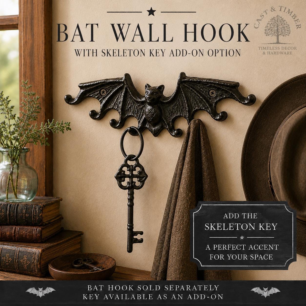 Gothic Cast Iron Bat Key Holder Rack with 8 Hooks