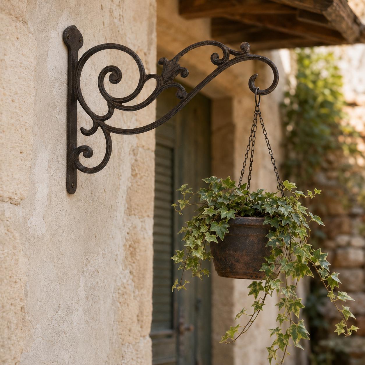 Victorian Cast Iron Plant Hanger, Distressed Dark Brown 10-Inch Wall Bracket