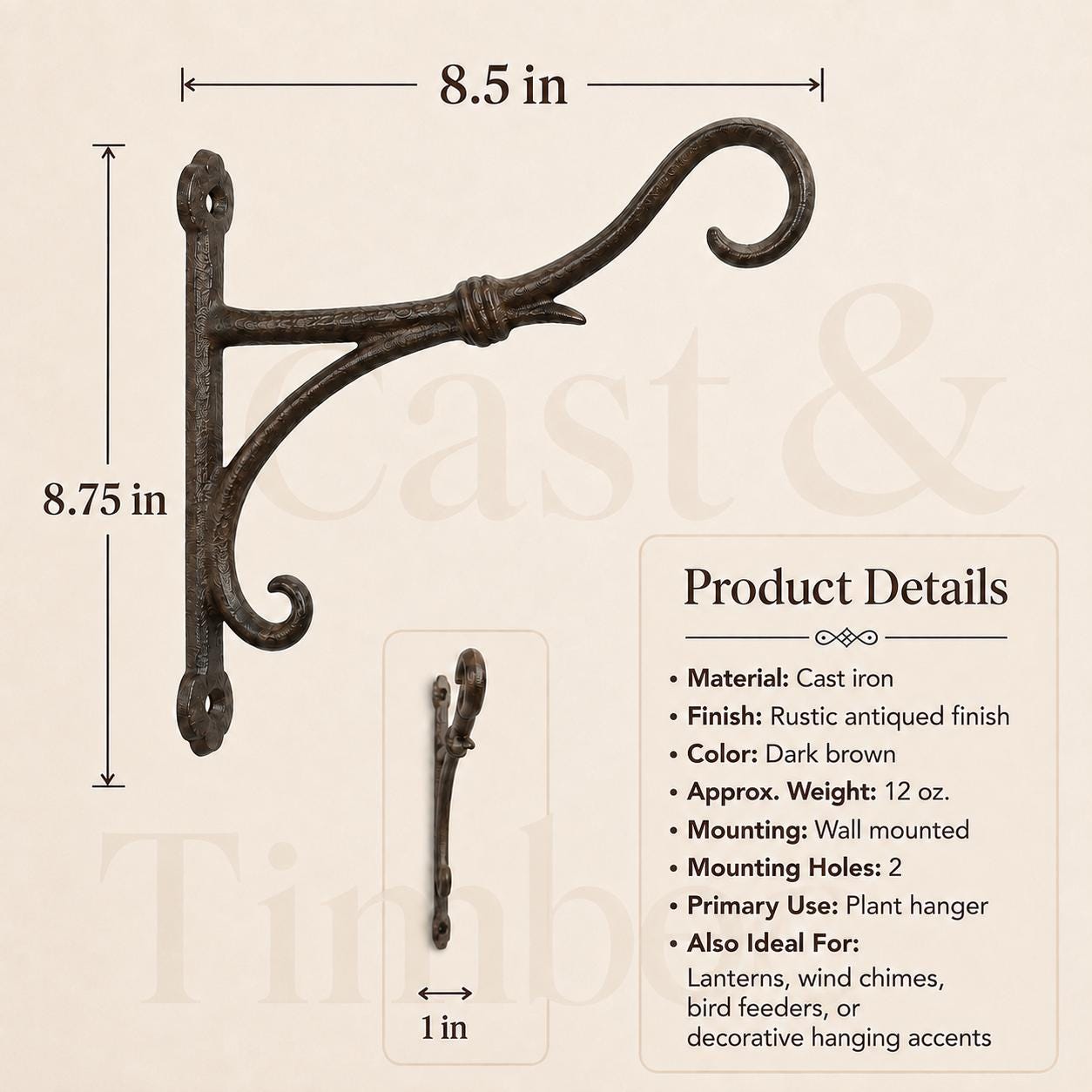 Rustic Cast Iron Plant Hanger, Double Scroll Wall Bracket, Hanging Basket Hook, Farmhouse Porch and Garden Decor, image 2