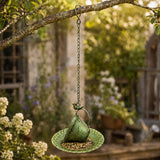 Verdigris Hanging Bird Feeder with Bird Accent, Rustic Metal Garden Decor, Cottage Patio Gift for Bird Lover