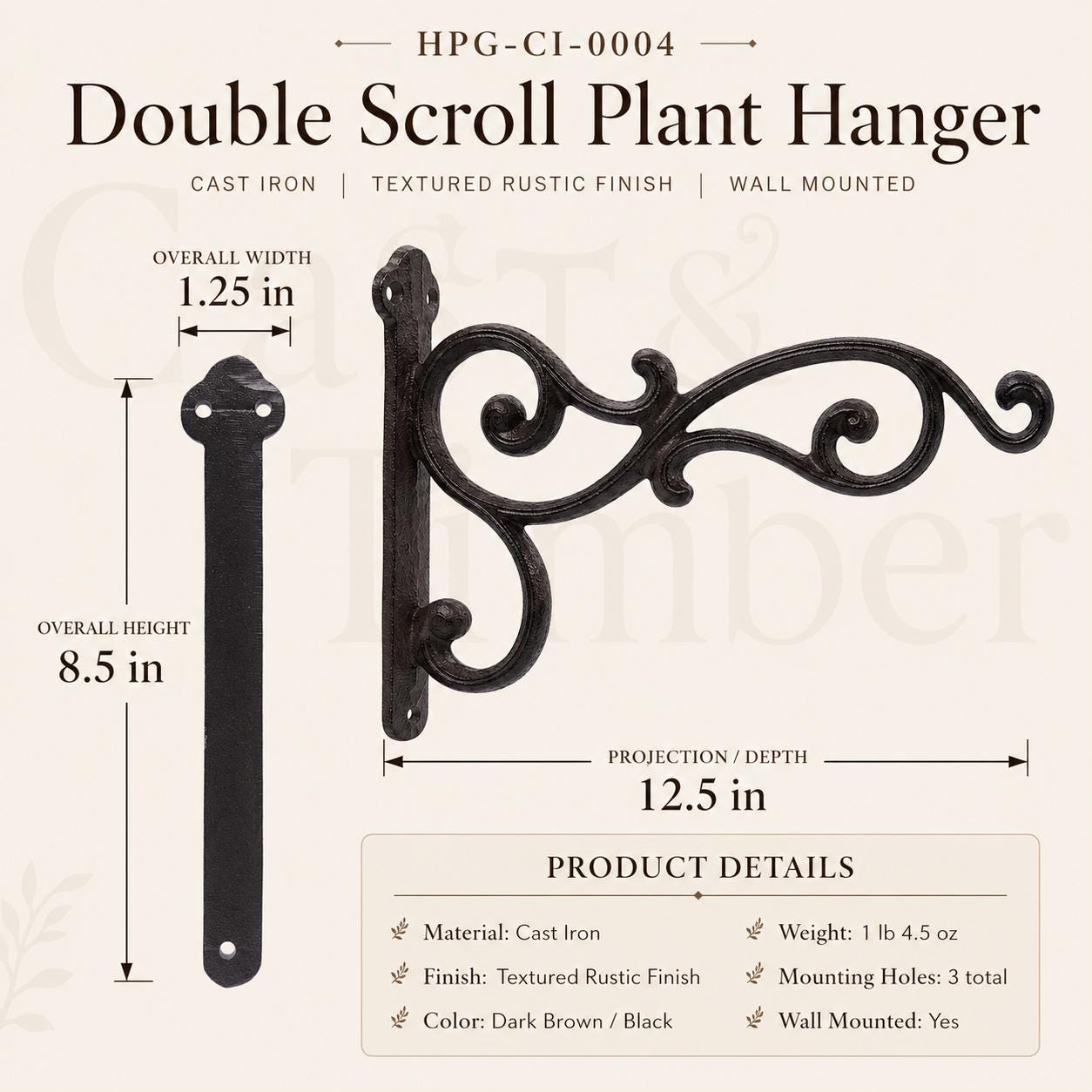 Rustic Cast Iron Plant Hanger, Double Scroll Wall Bracket, Hanging Basket Hook, Farmhouse Garden Decor, image 2