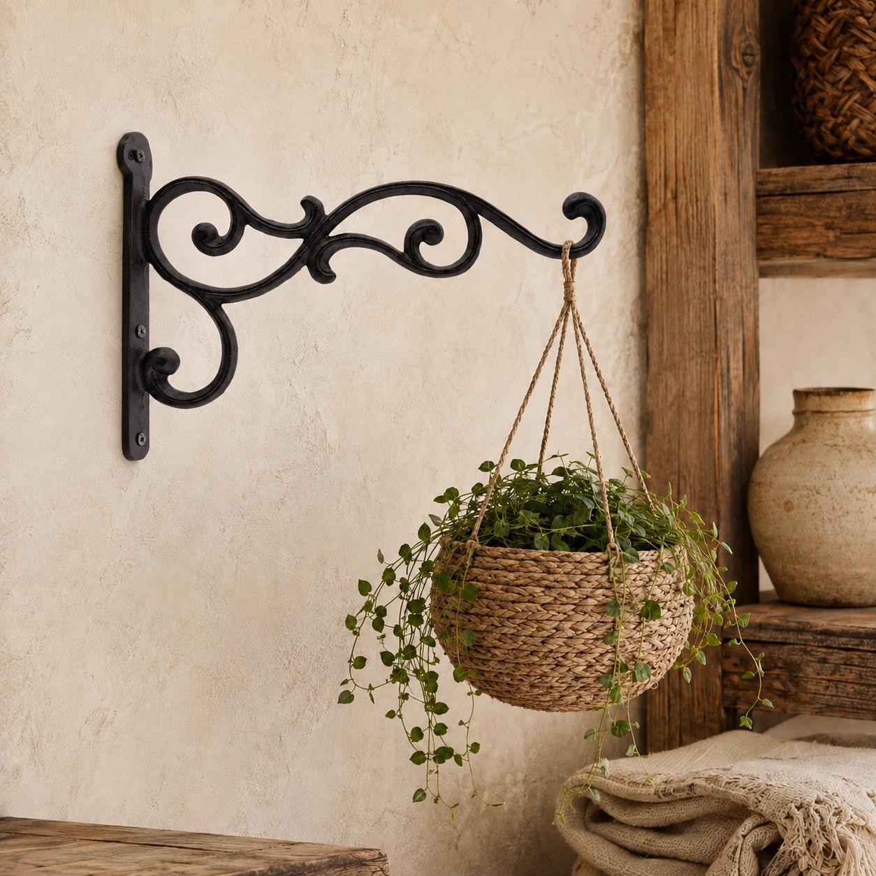Rustic Cast Iron Plant Hanger, Double Scroll Wall Bracket, Hanging Basket Hook, Farmhouse Garden Decor, image 9