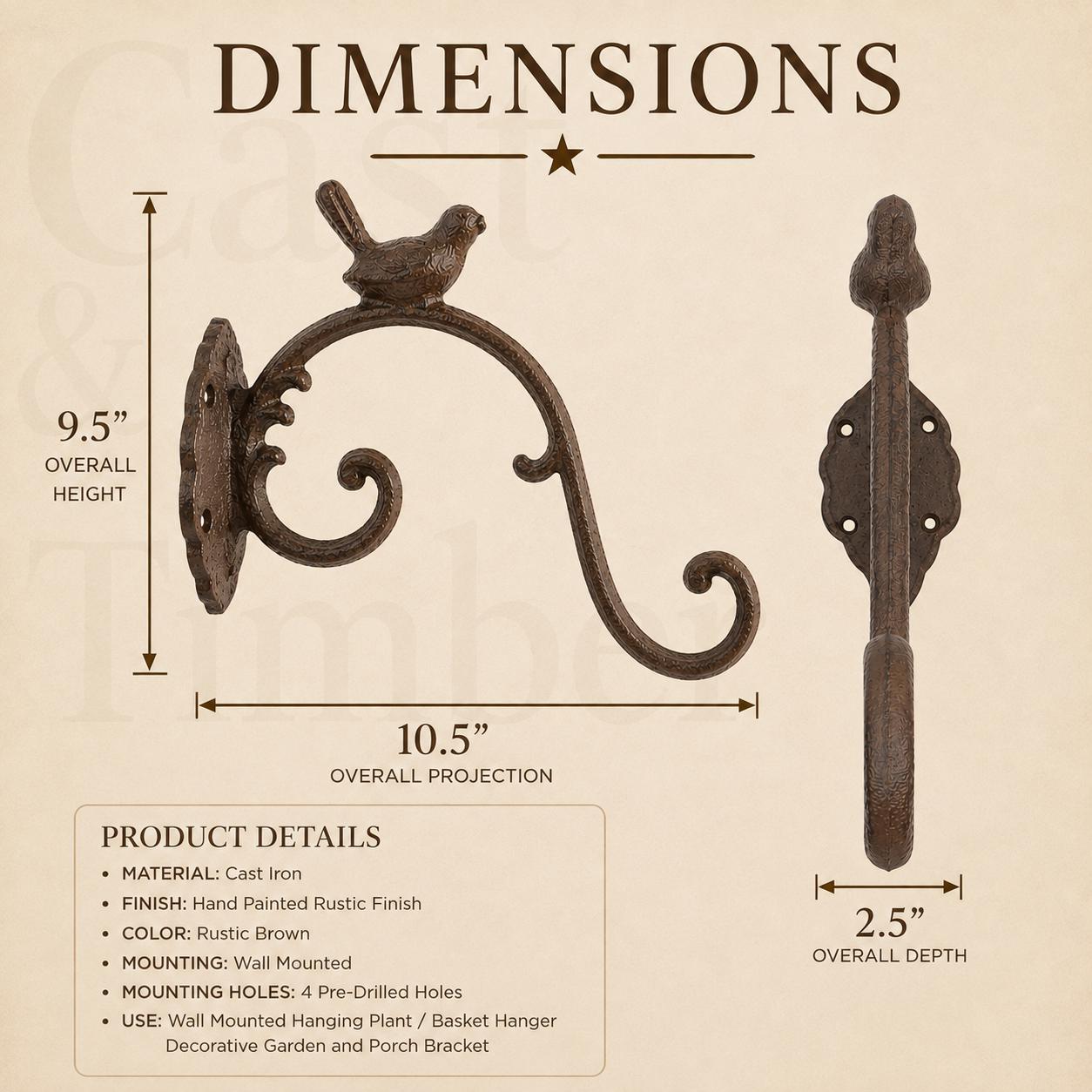 Songbird Cast Iron Plant Hanger, Rustic Scroll Wall Bracket, Hanging Basket Hook, Garden Porch Decor, Brown Iron Bird Bracket, image 2