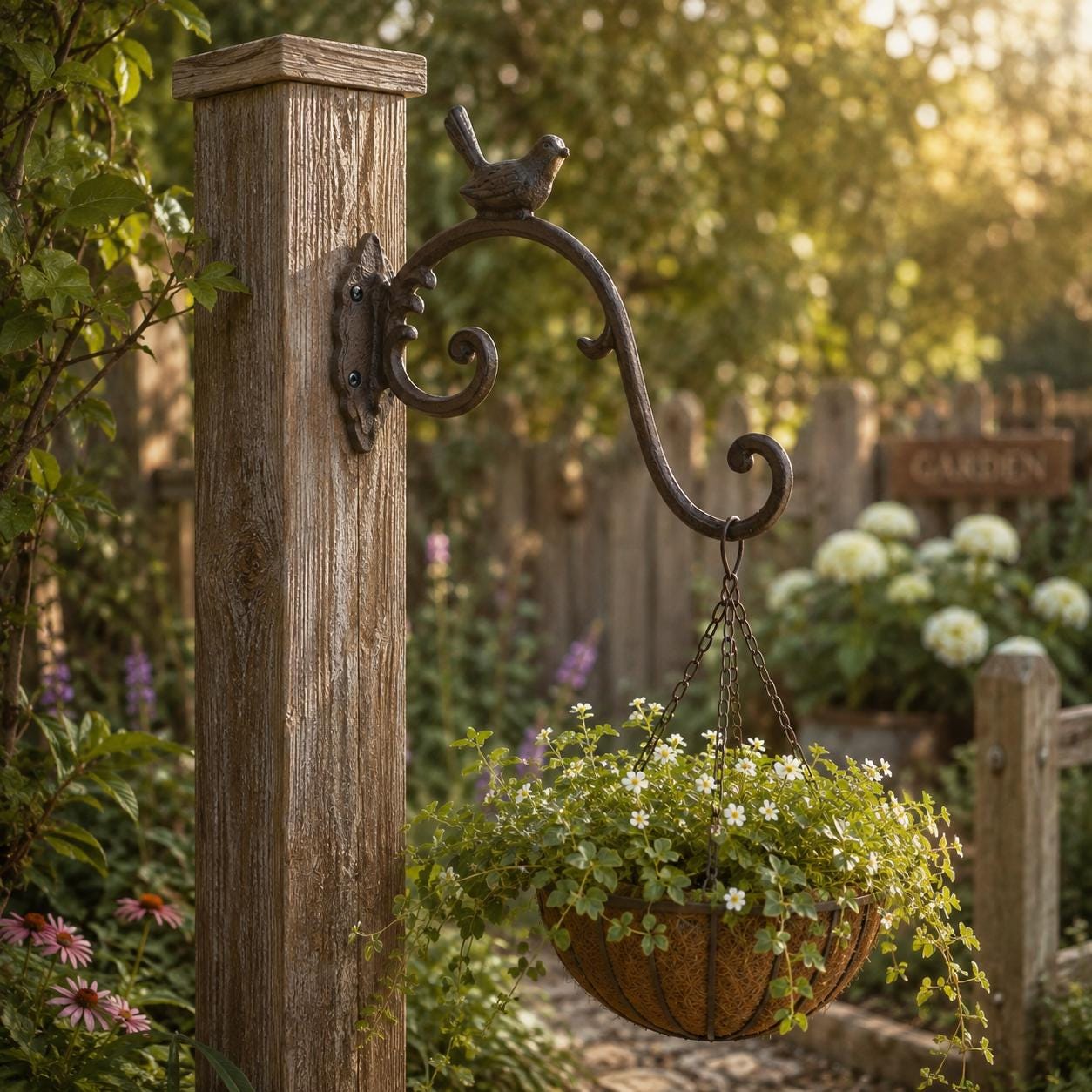 Songbird Cast Iron Plant Hanger, Rustic Scroll Wall Bracket, Hanging Basket Hook, Garden Porch Decor, Brown Iron Bird Bracket, image 4