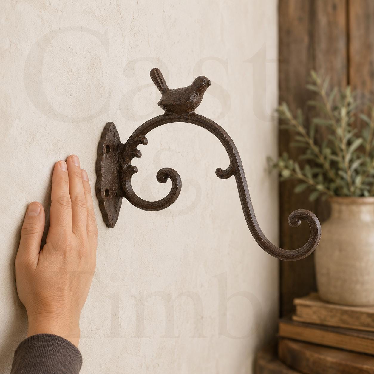 Songbird Cast Iron Plant Hanger, Rustic Scroll Wall Bracket, Hanging Basket Hook, Garden Porch Decor, Brown Iron Bird Bracket, image 5